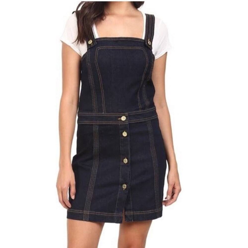 7 For All Mankind Pinafore Denim Mini Dress Women's Small Dark Wash Bib‎ Overall